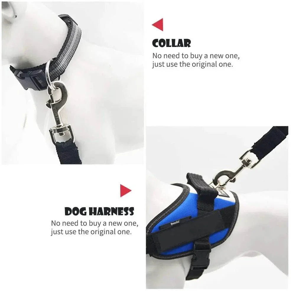 Adjustable Pet Car Seat Belt in use – dog sitting safely in a car with the seat belt attached to its harness."