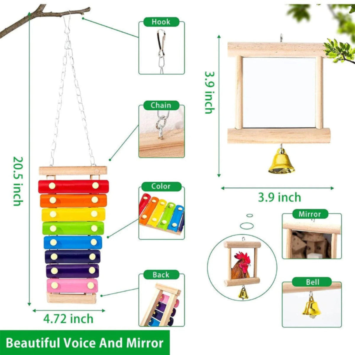 “Chicken xylophone toy with metal keys and mirror with bell – promotes pecking and play.