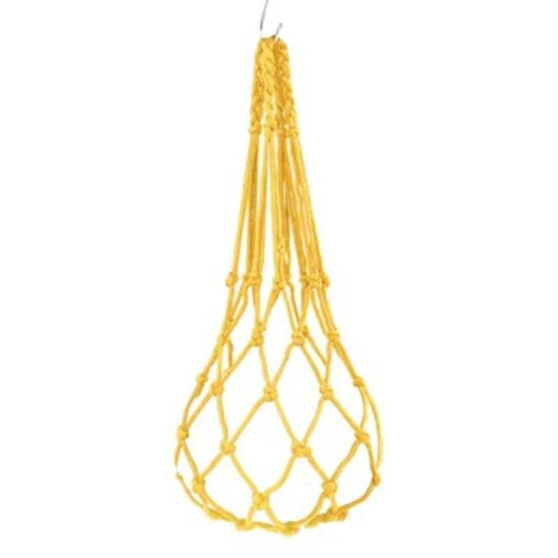 Yellow Chicken Vegetable Net Bag hanging feeder for hens, made of durable nylon rope and metal hook, designed for large birds.