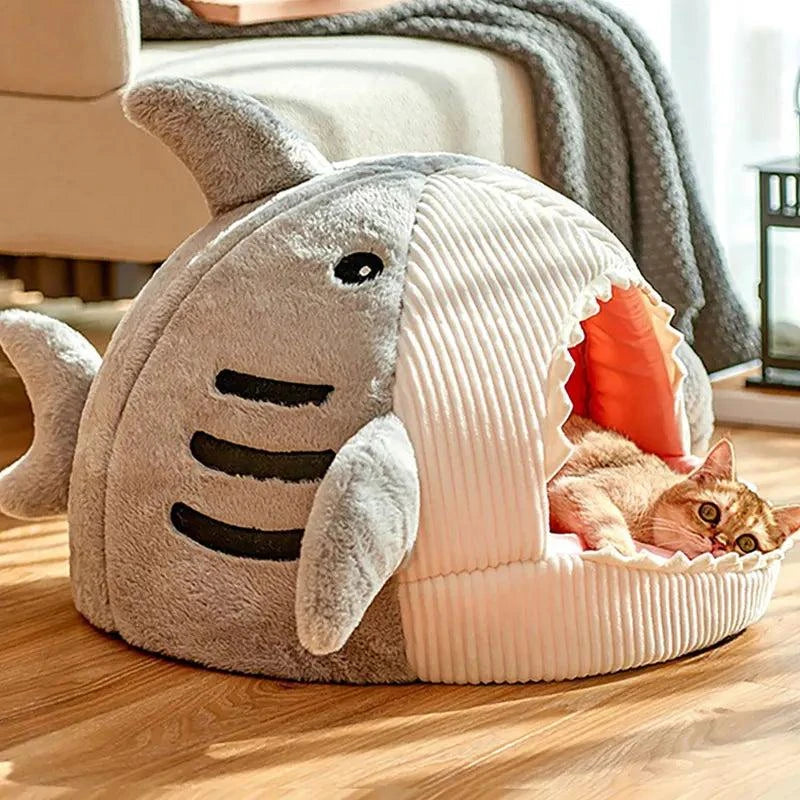 Gray Cartoon shark-shaped warm cat bed, pet cave for kittens, 100% cotton.