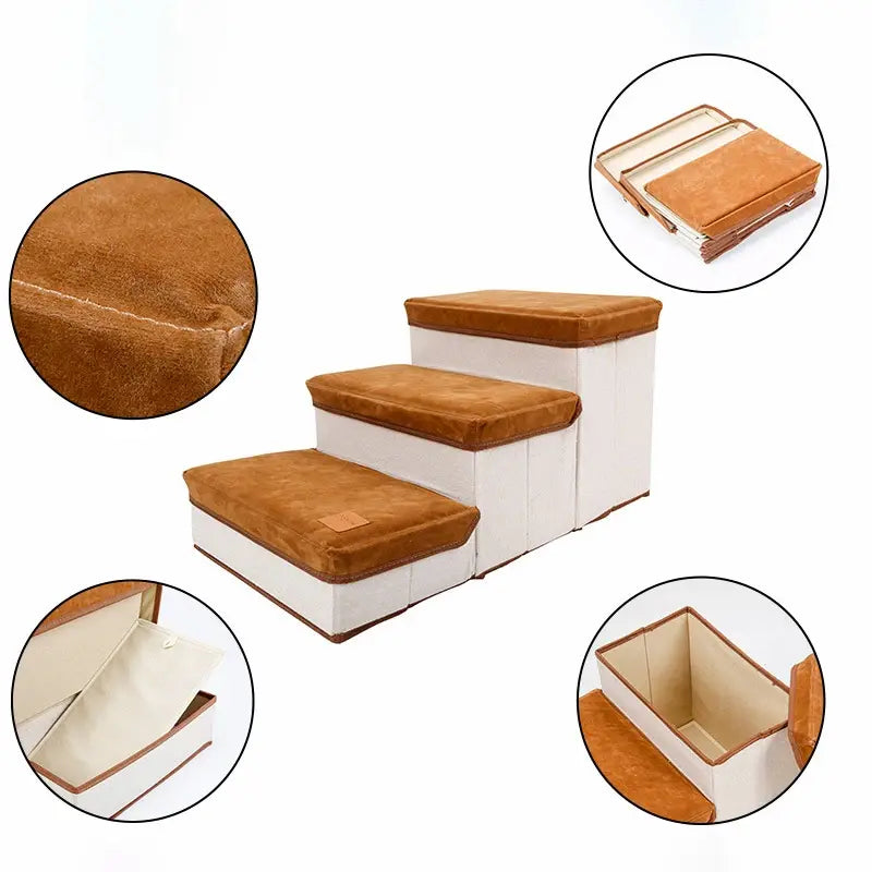 Soft 3-layer dog stairs with built-in storage box in grey fabric, ideal for senior pets or small dogs to reach beds and sofas.