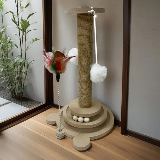 Cat play tower with scratching post, feathers, and balls on a wooden floor.