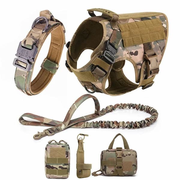 Camouflage dog harness, leash, and accessories on a white background
