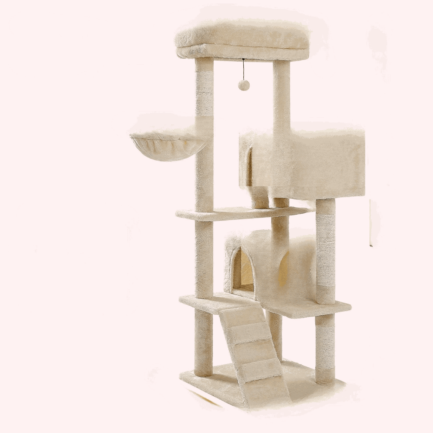 Luxury cat tree with double condos, spacious perch, cat hammock, fully wrapped sisal scratching posts, and dangling balls.