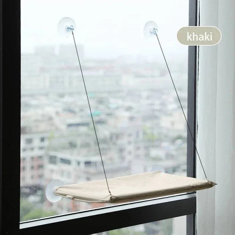 Durable and comfortable cat hammock installed on a window, supports up to 20KG, khaki color.