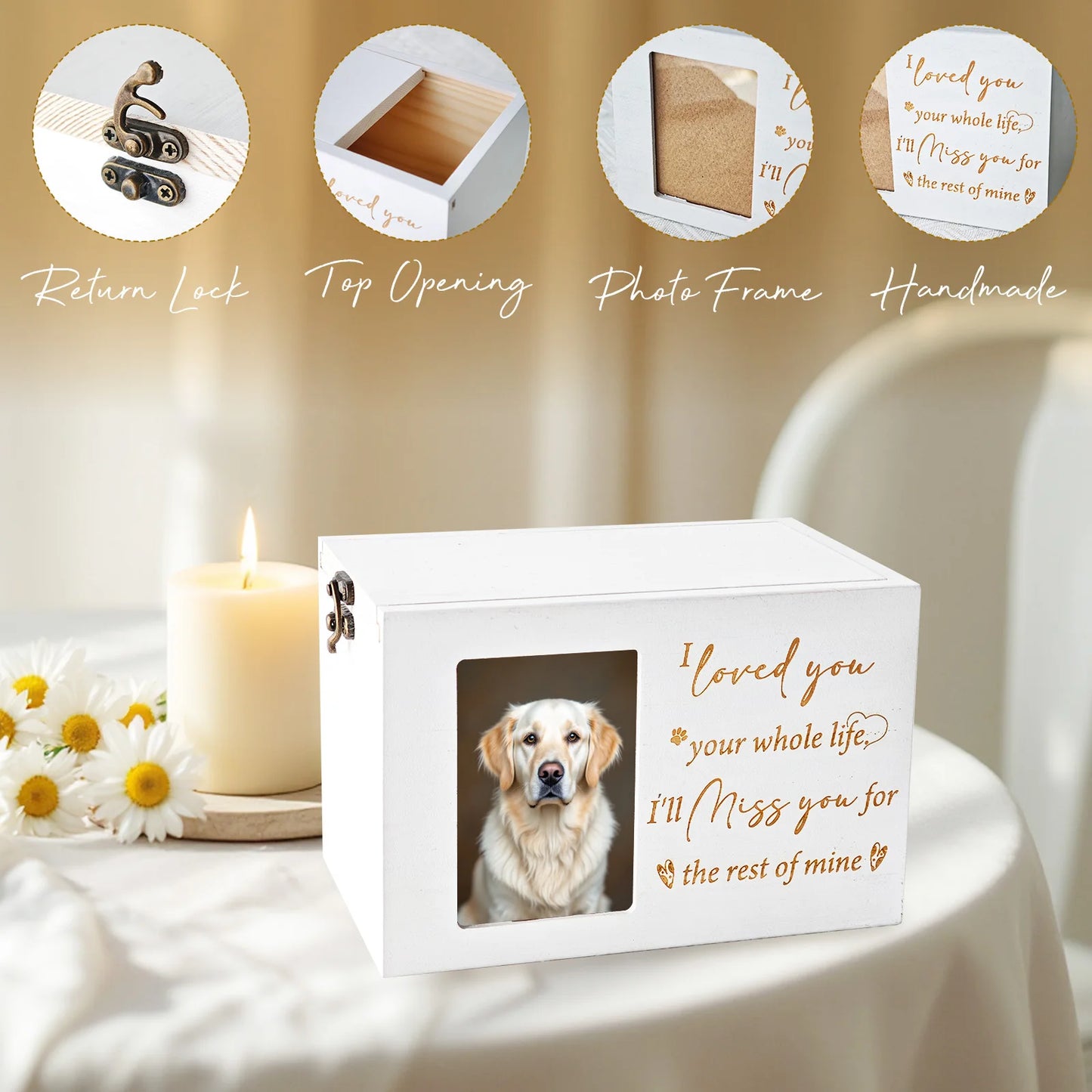 Memorial box for pets with a photo of a dog and engraved text, placed on a table with a candle and flowers.