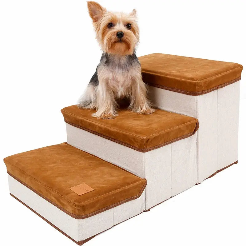 Soft 3-layer dog stairs with built-in storage box in grey fabric, ideal for senior pets or small dogs to reach beds and sofas.