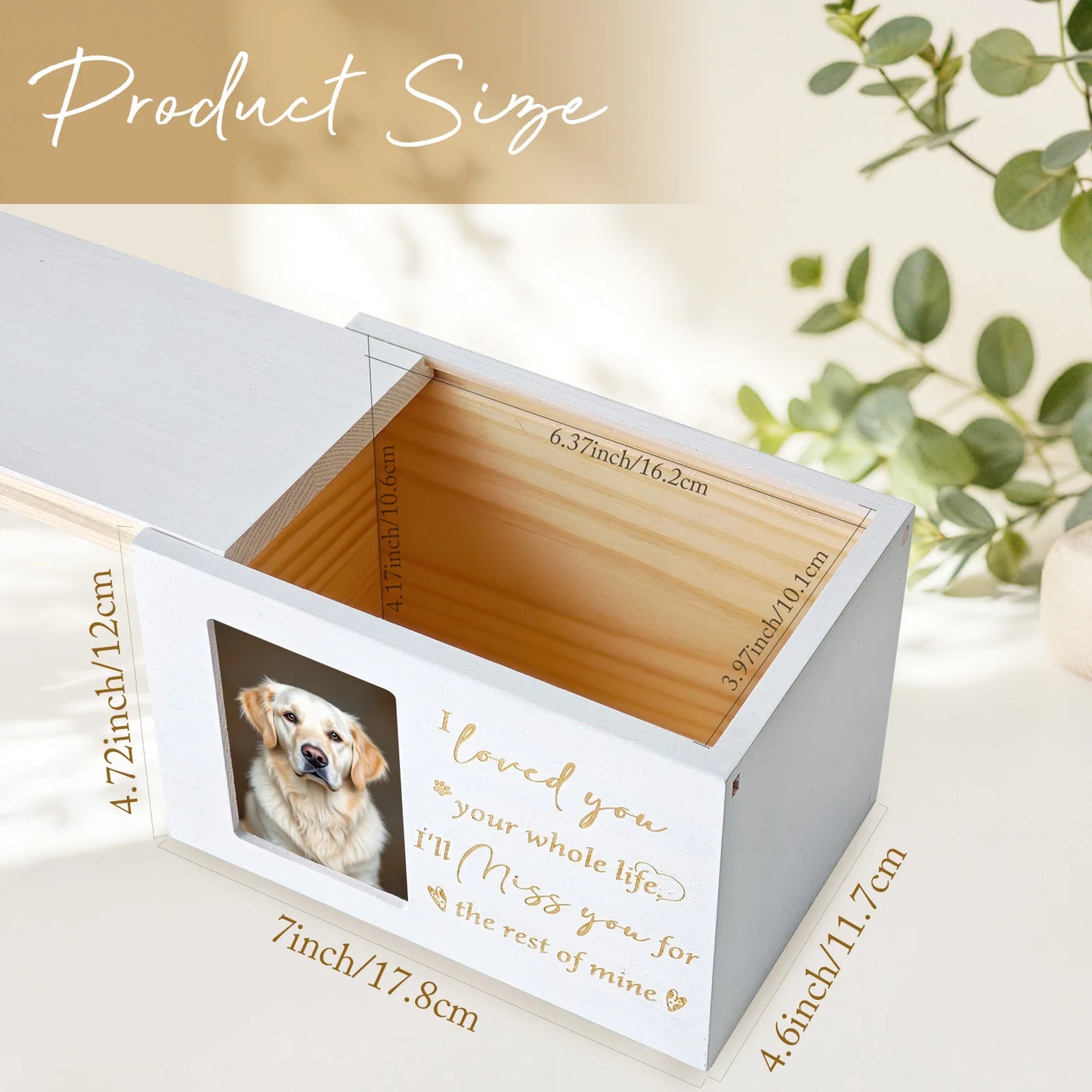 Memorial photo box with a dog's picture and text, showing dimensions on a light background.