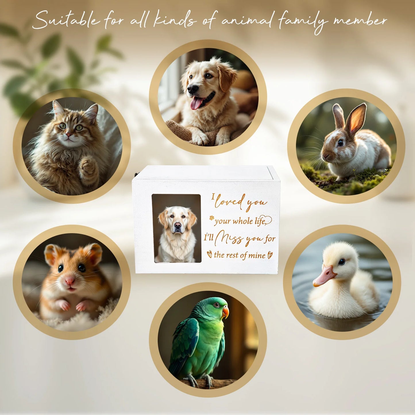 Collage of various animals with a central photo of a dog and text.