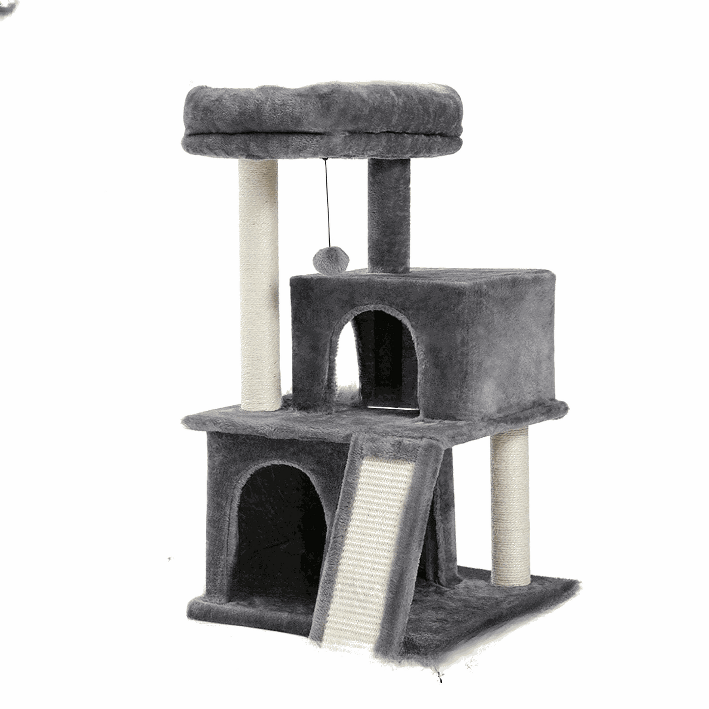 Luxury cat tree with double condos, spacious perch, cat hammock, fully wrapped sisal scratching posts, and dangling balls.
