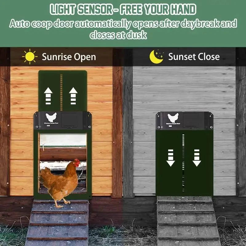 Automatic chicken coop door with light sensor and waterproof casing.”