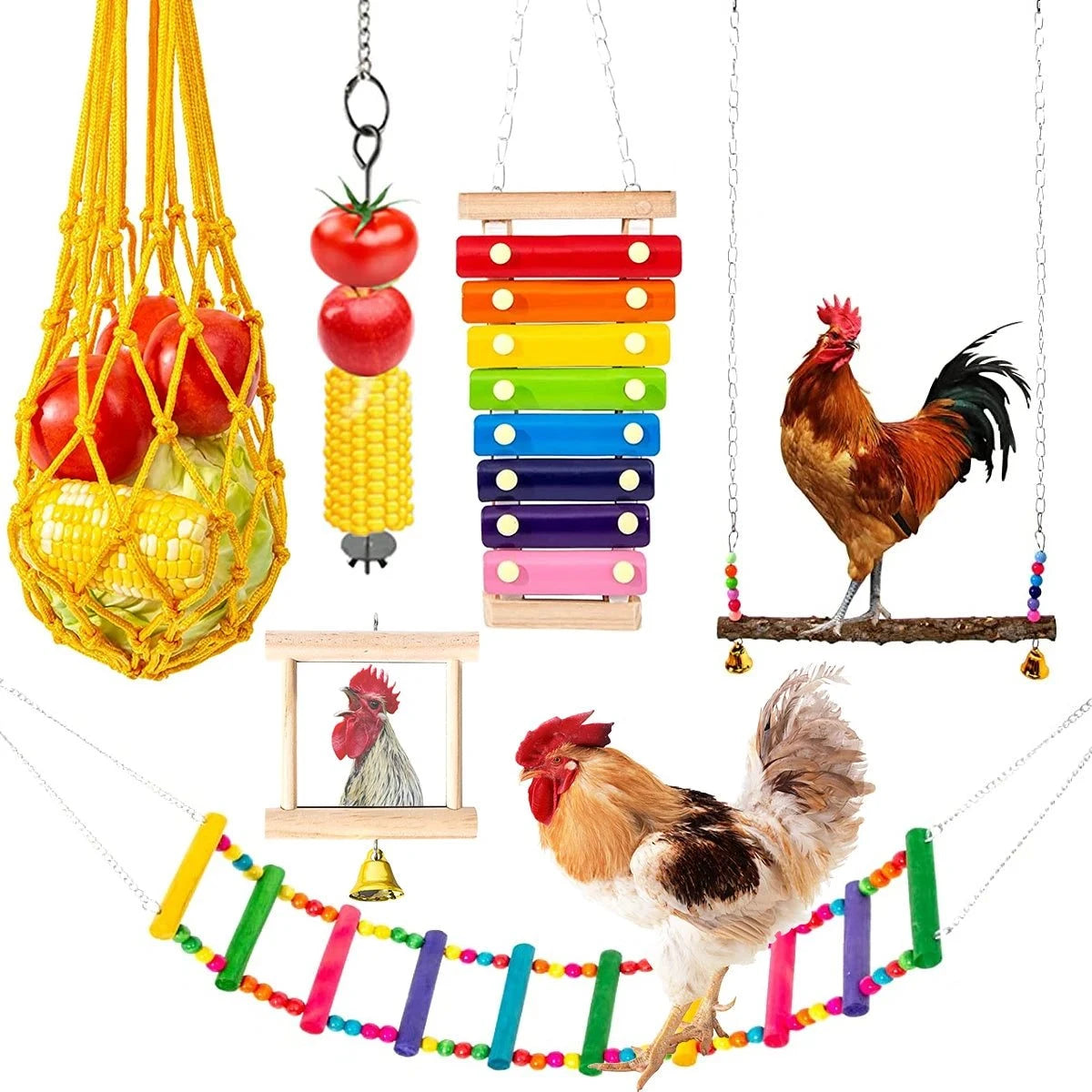 6-piece chicken enrichment toy set with swing, xylophone, veggie feeder, and more