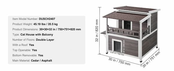 Cat house with balcony dimensions and specifications on a white background