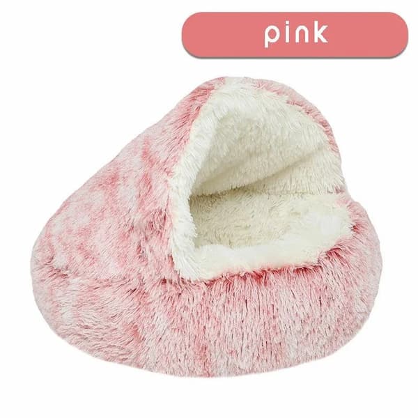 Pink plush pet cave with 'Coffee color - long plush' text on a white background