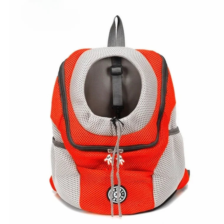 Red and white pet carrier backpack on a white background