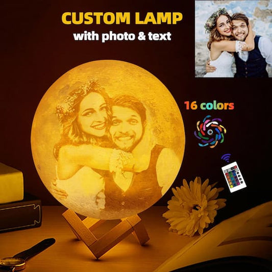 Custom moon lamp with a photo of a couple and control panel on a dark background