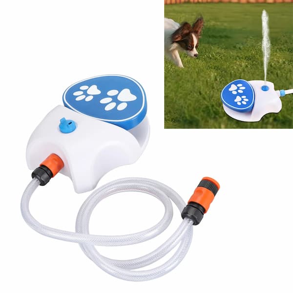 Pet water fountain with hose and paw design, inset showing a dog drinking from it.