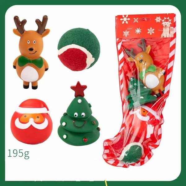 Set of Christmas-themed toys including a reindeer, Santa Claus, and Christmas tree, with a red and white striped stocking.