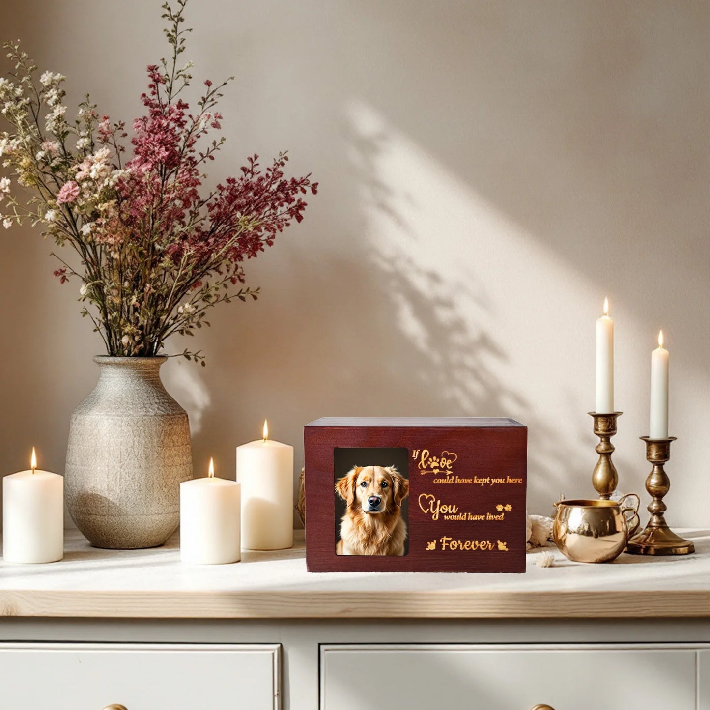 Wooden pet memorial urn with photo frame and lock - front view