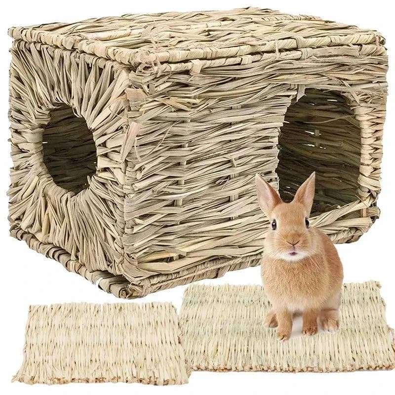 Foldable woven grass house for rabbits and small pets.