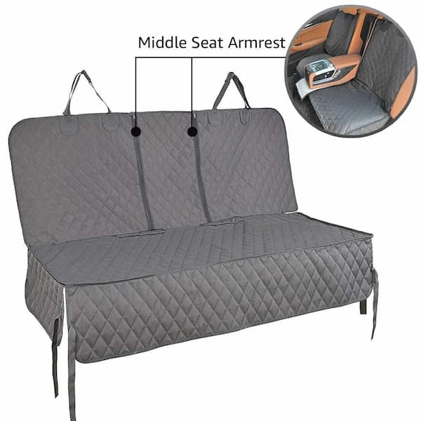 Gray car seat cover with quilted pattern and middle seat armrest highlighted, on a white background.