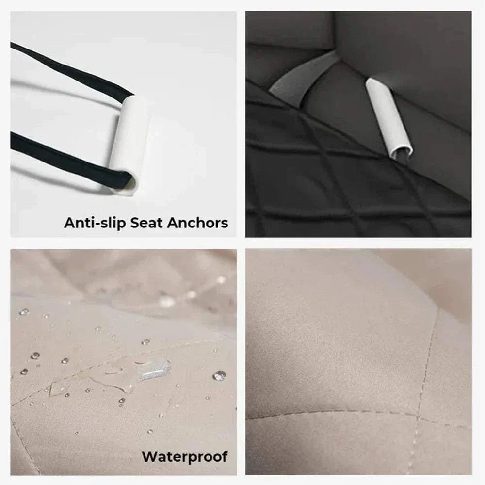 Waterproof double-sided dog car seat cover with anti-slip seat anchors and anti-scratch material.
