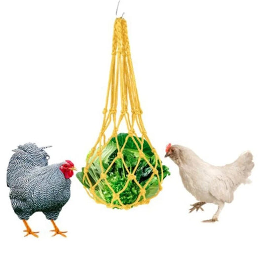 Yellow Chicken Vegetable Net Bag hanging feeder for hens, made of durable nylon rope and metal hook, designed for large birds.
