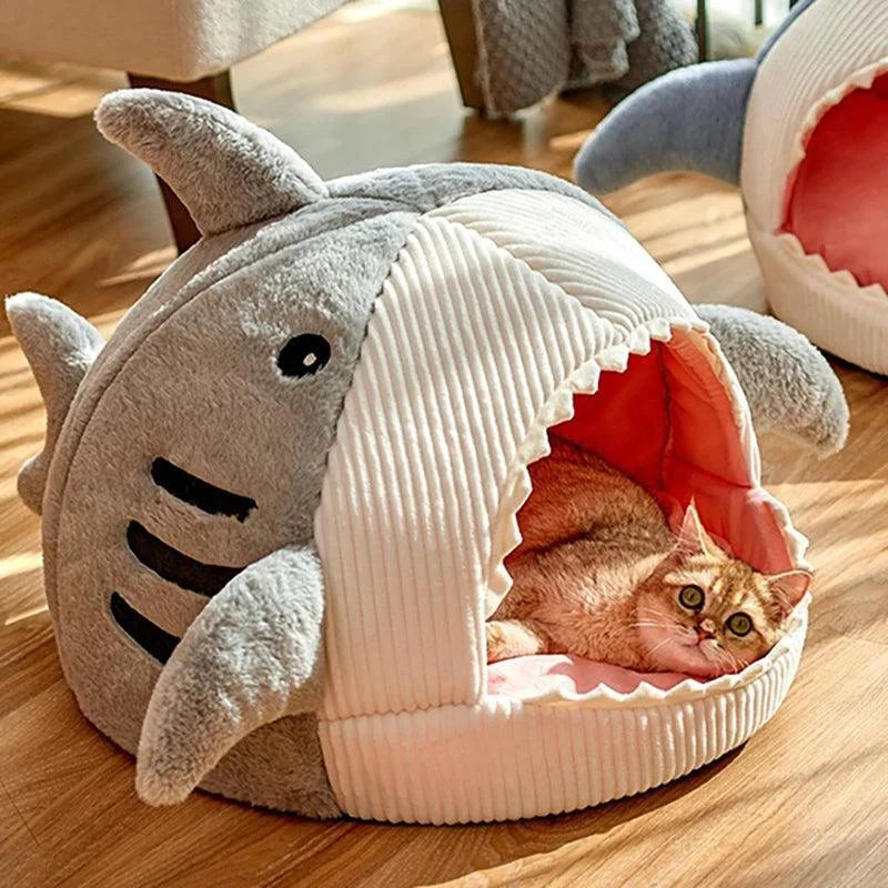 Gray Cartoon shark-shaped warm cat bed, pet cave for kittens, 100% cotton.