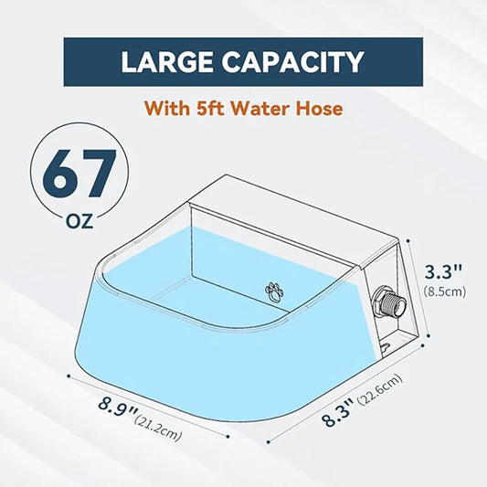 Automatic Outdoor Pet Water Dispenser with 2L self-filling bowl and 1.5m garden hose. Provides fresh water for dogs, cats, chickens, rabbits and outdoor pets. Summer pet hydration solution.