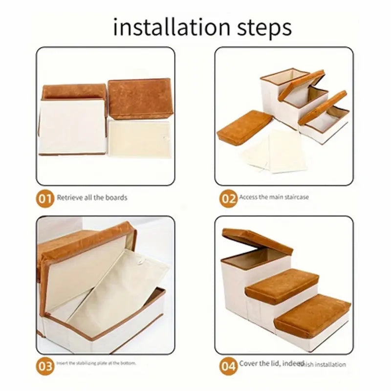 Soft 3-layer dog stairs with built-in storage box in grey fabric, ideal for senior pets or small dogs to reach beds and sofas.