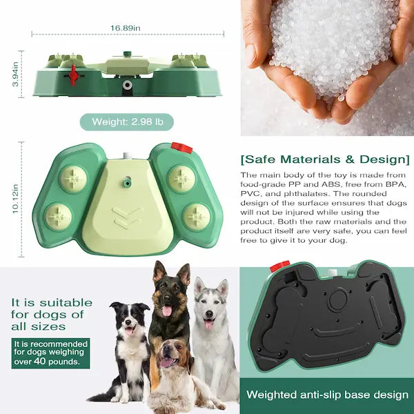 Large dog playing with green step-on sprinkler toy outdoors in summer