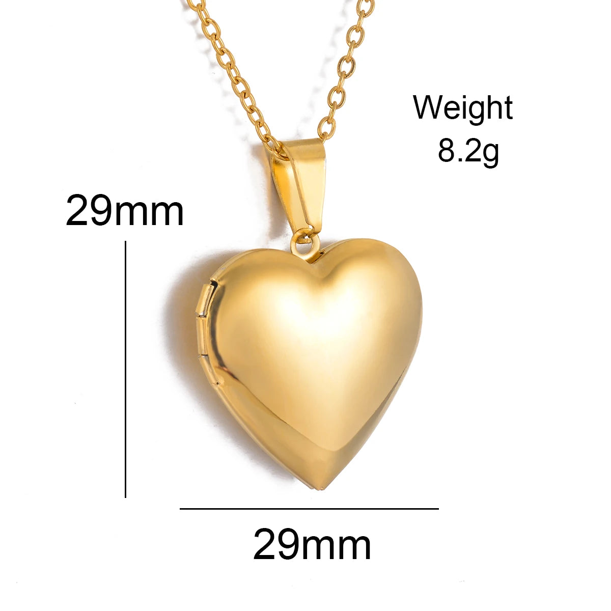 Gold heart-shaped locket with measurements and weight on a white background