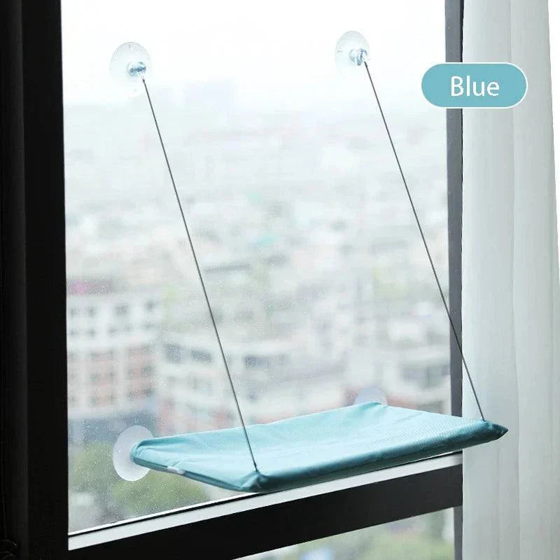 Blue 20KG cat hammock on window, durable elevated bed for cats.