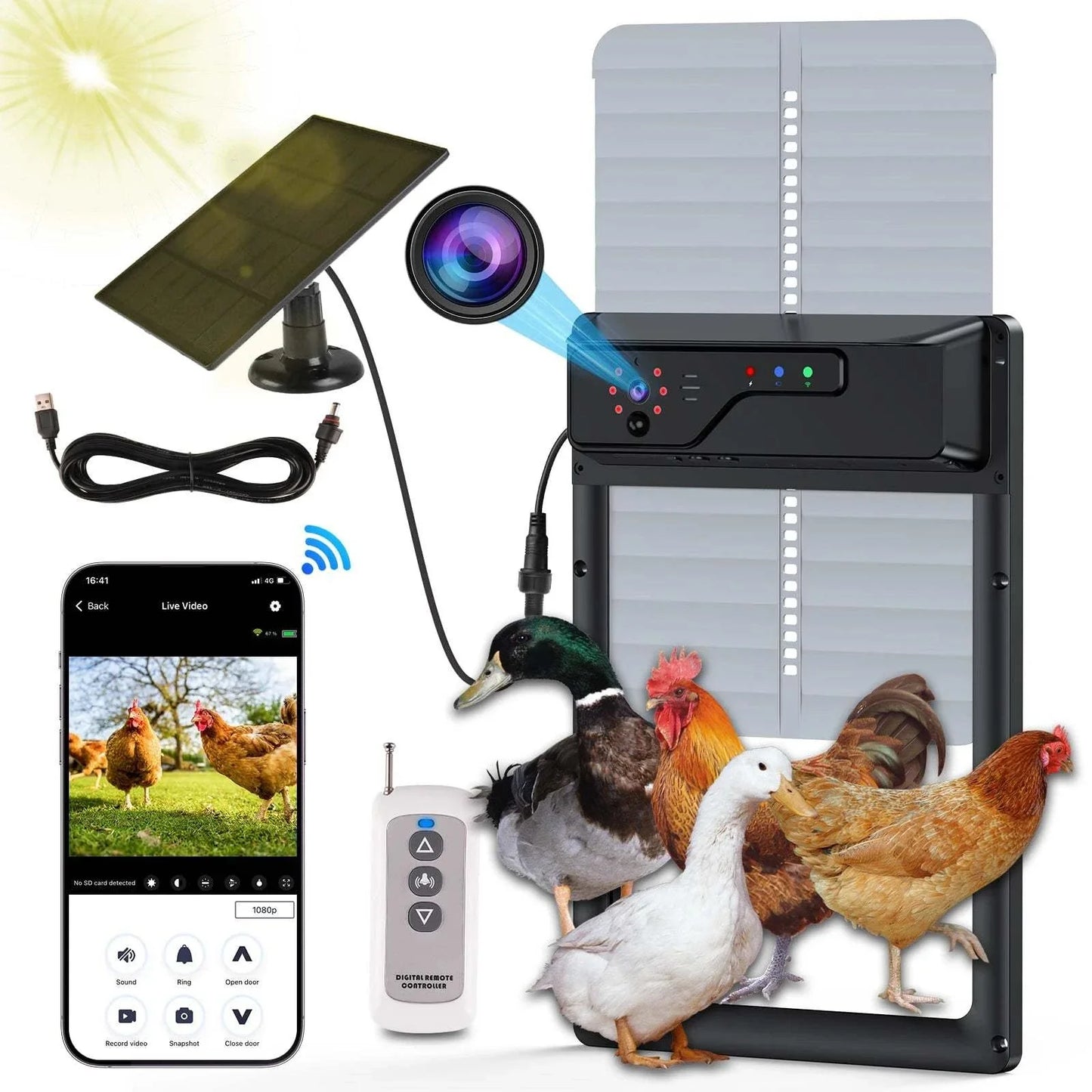 Solar Automatic Chicken Coop Door with 1080P camera, remote app control, and solar power features.