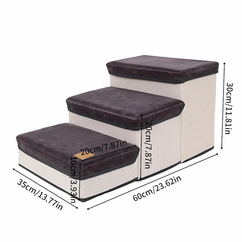 Soft 3-layer dog stairs with built-in storage box in grey fabric, ideal for senior pets or small dogs to reach beds and sofas.