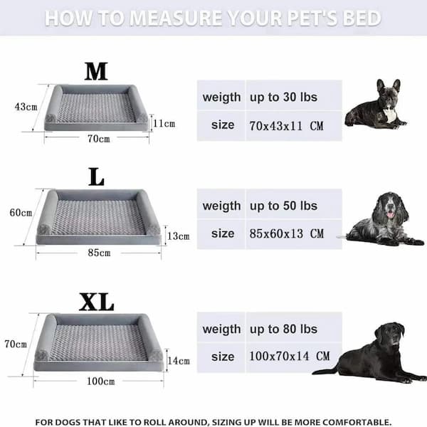 Measurement chart for pet beds with sizes M, L, and XL, showing dimensions and weight capacity.