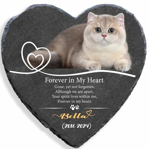 Personalized cat memorial plaque with photo and Forever in My Heart poem engraved on heart-shaped slate