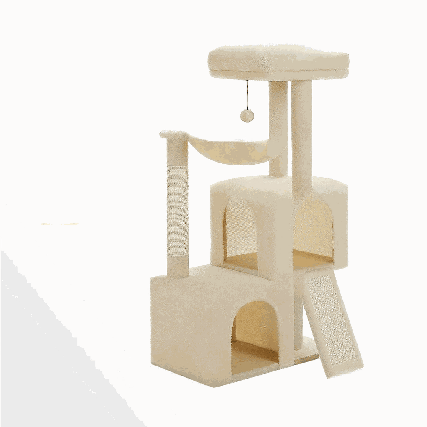 Luxury cat tree with double condos, spacious perch, cat hammock, fully wrapped sisal scratching posts, and dangling balls.