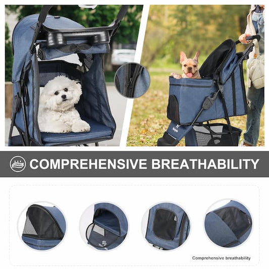 Pet stroller with dogs inside, highlighting breathability features.