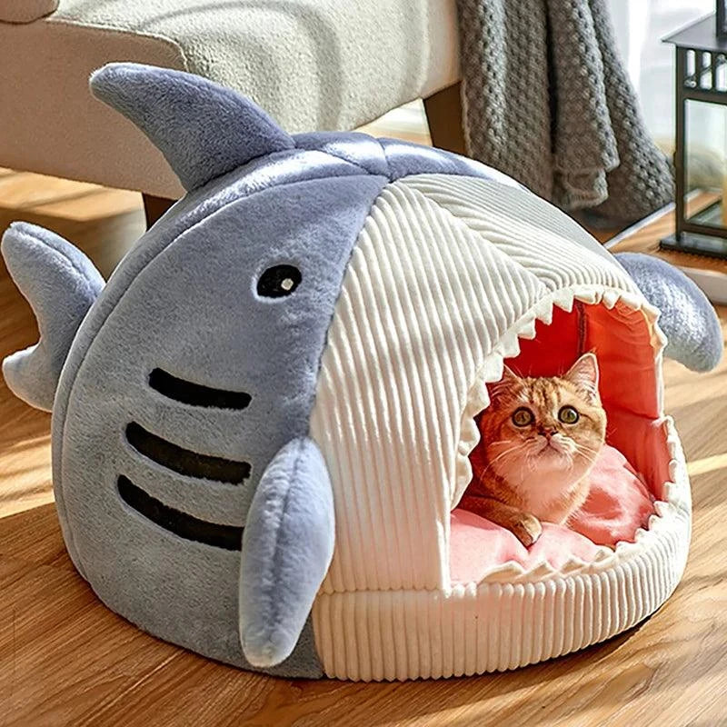 Blue Cartoon shark-shaped warm cat bed, pet cave for kittens, 100% cotton.
