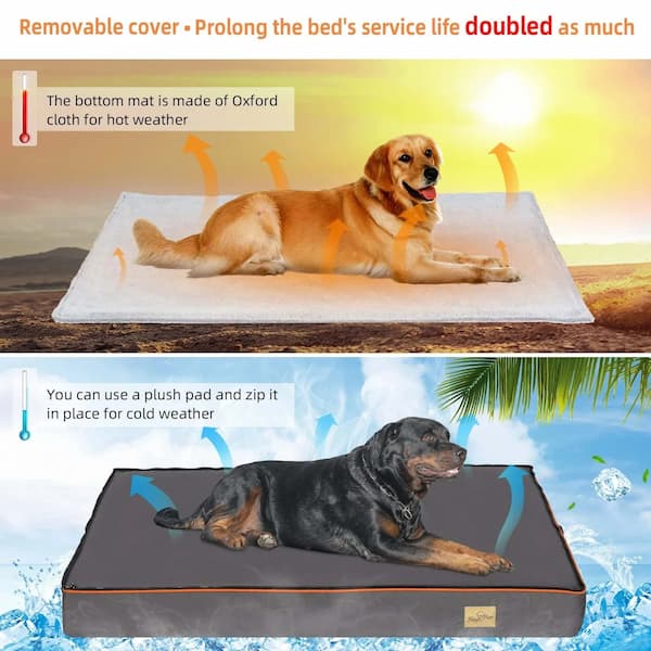 Dog lying on a removable cover with text about its benefits, including Oxford cloth for hot weather and plush pad for cold weather.