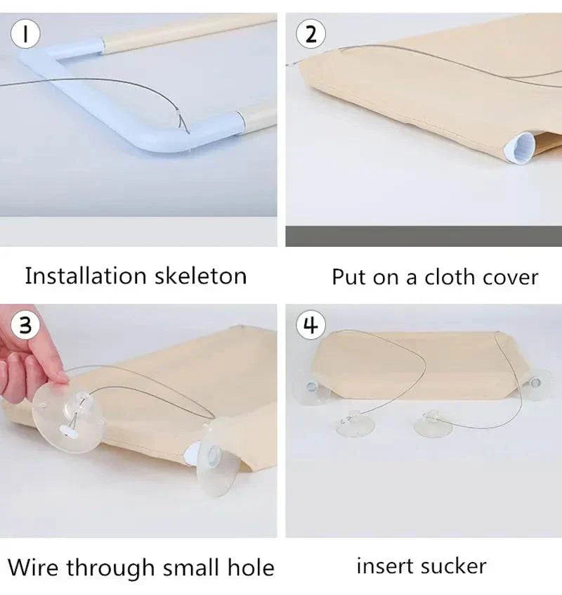 Installation steps for cat hammock with metal frame, cloth cover, and suction cups.