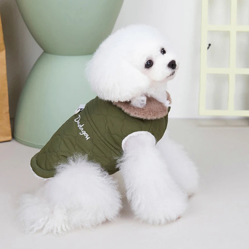 Green waterproof fleece-lined dog coat with faux fur collar