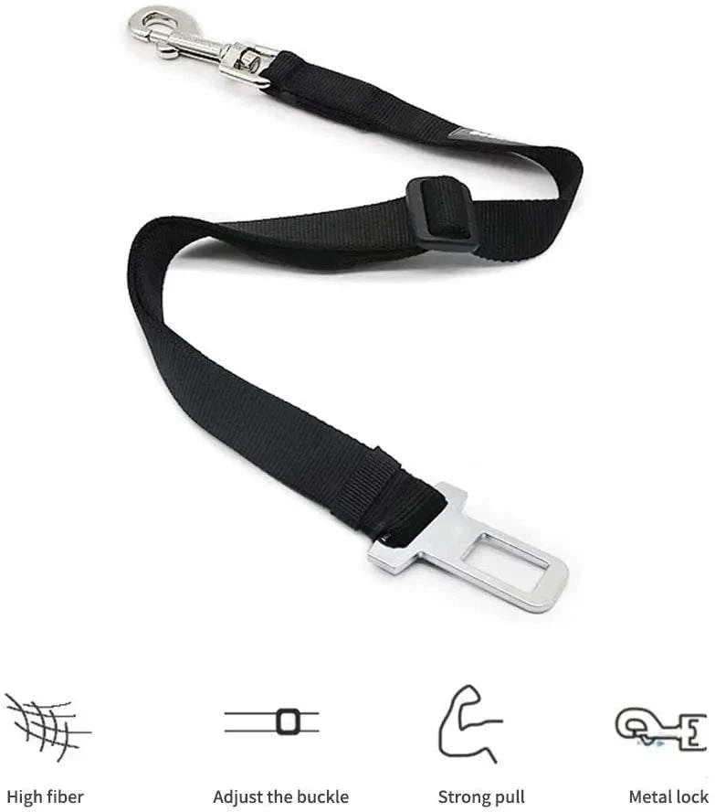 Adjustable Pet Car Seat Belt in use – dog sitting safely in a car with the seat belt attached to its harness."