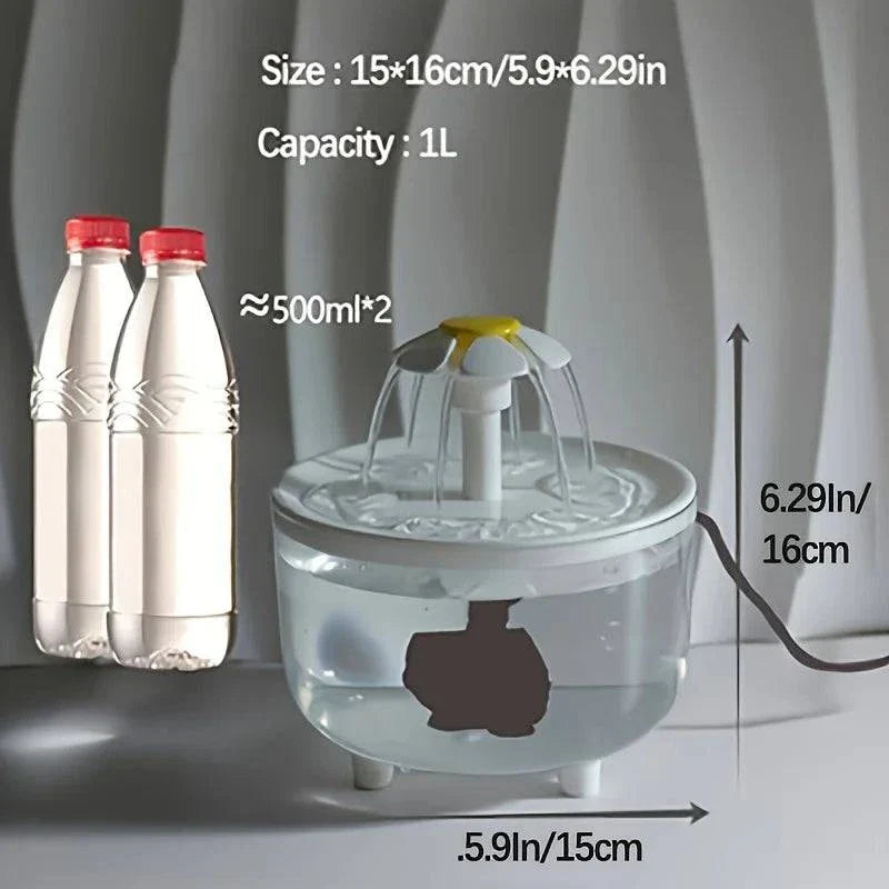 USB electric pet water fountain with silent motor, automatic 1L drinking dispenser for cats and small dogs.