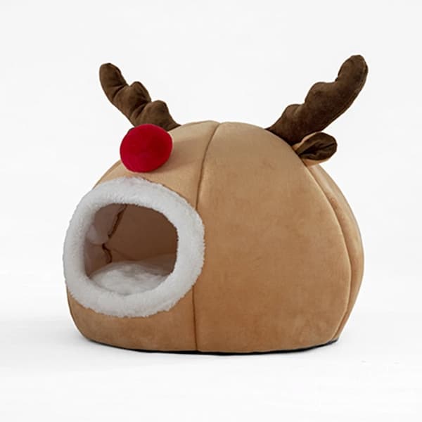Pet bed designed like a reindeer with brown antlers and red nose on a white background
