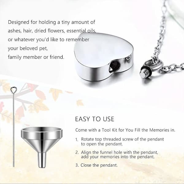 Silver pendant with chain, funnel, and tool kit on a light background