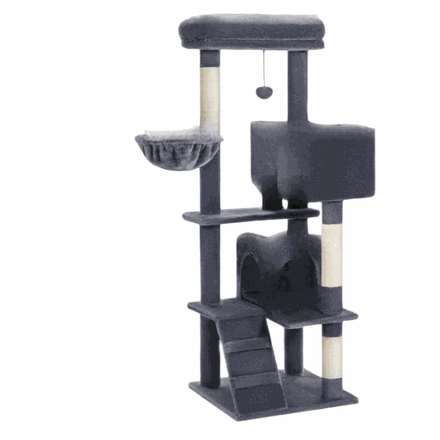 Luxury cat tree with double condos, spacious perch, cat hammock, fully wrapped sisal scratching posts, and dangling balls.