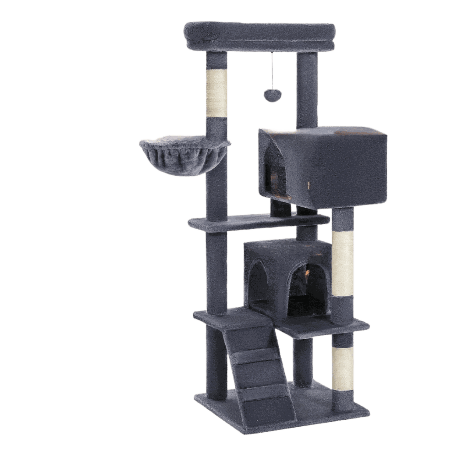 Luxury cat tree with double condos, spacious perch, cat hammock, fully wrapped sisal scratching posts, and dangling balls.