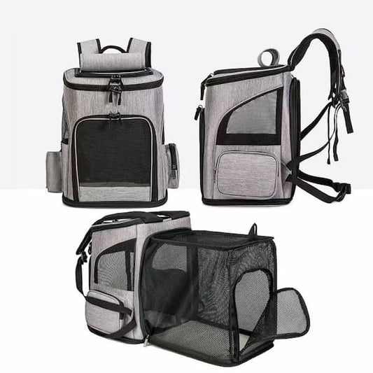Gray pet carrier backpack with mesh side panels on a white background
